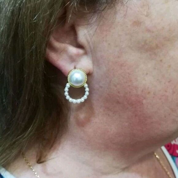 Gold white pearl earrings dainty casual or formal hoop stud small 💖2/$30 - Picture 8 of 14